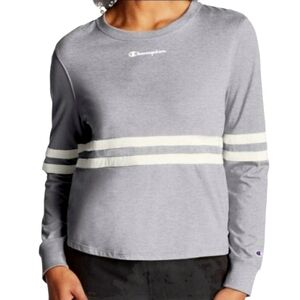 Champion | Women's Gray Heritage Cropped Long Sleeve Striped Tee (Size Medium)